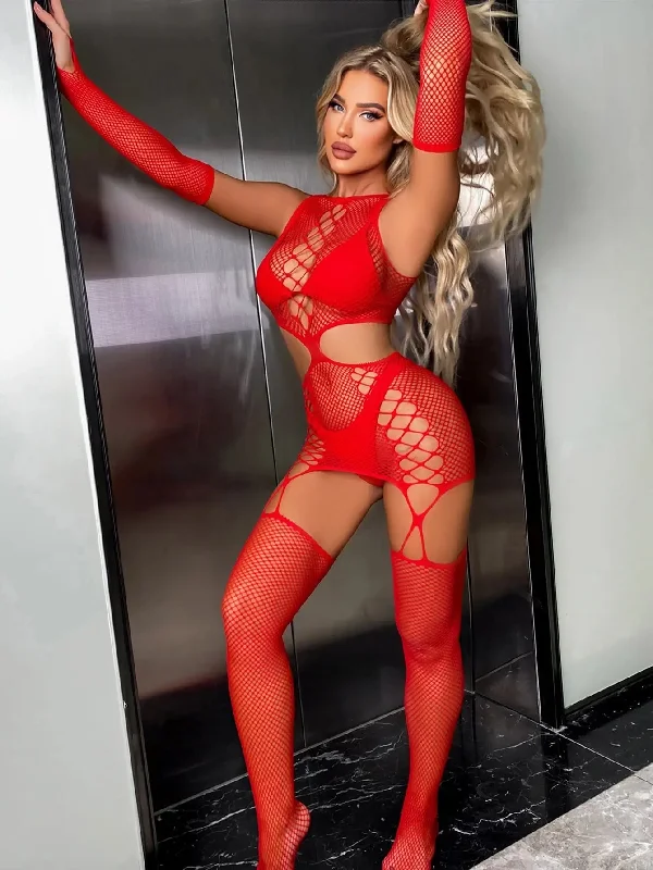 Mesh Hollow Out Bodystocking Red