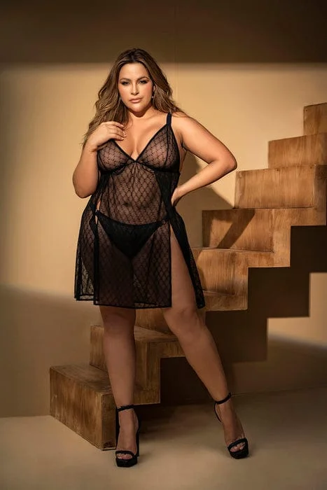 Plus Size Sexy Black Geometric Mesh Side Slits w/ Thong Babydoll Lingerie