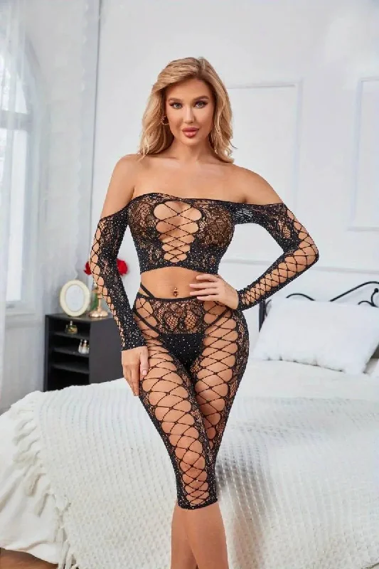 Rhinestone See Through Long Sleeve Top & Crop Bodystocking Set